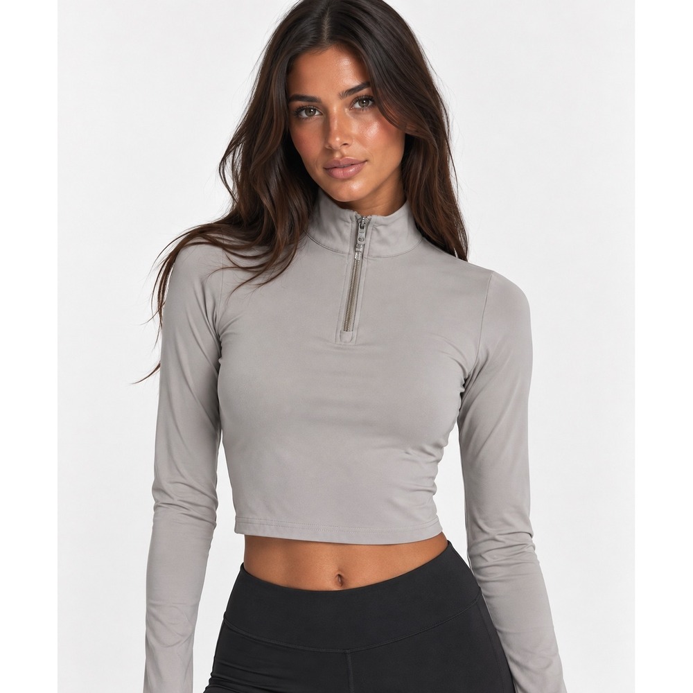 Vitality Women's Small Gray Cropped Half Zip Mock Neck Long Sleeve Athletic Top